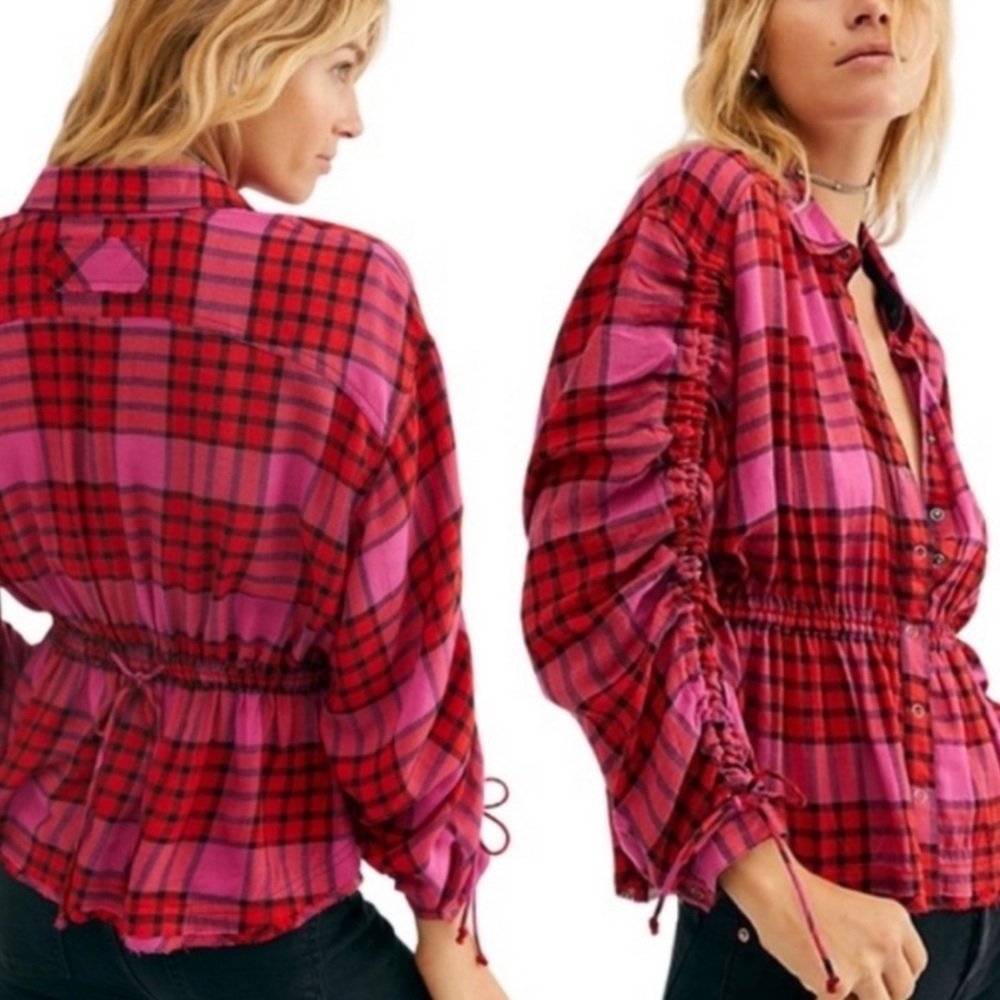 Free People Red and Pink Plaid Button Down Shirt